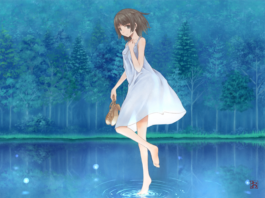 bare_shoulders barefoot blue blue_eyes brown_hair dress forest grass holding holding_shoes lights nature okiru original reflection ripples shoes short_hair solo sundress tree walking walking_on_liquid water