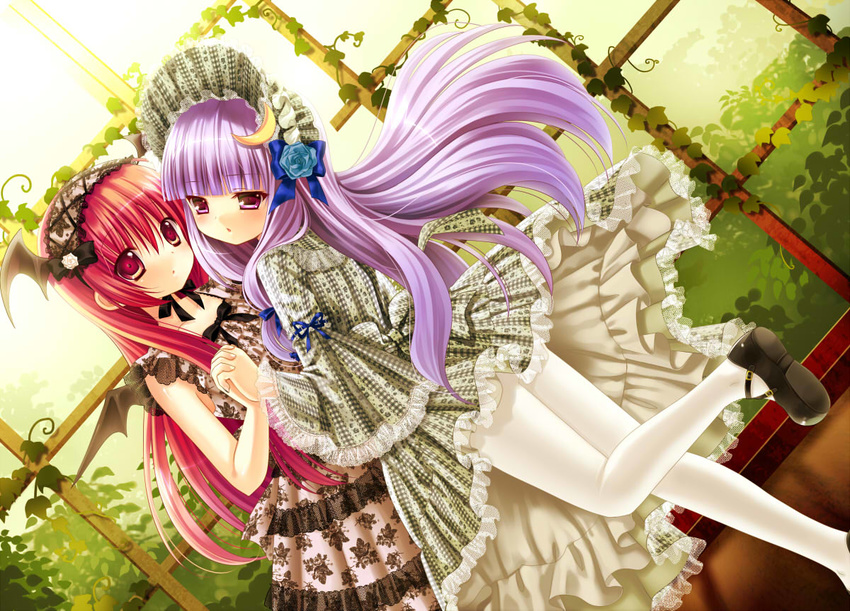 bangs bat_wings blunt_bangs bonnet crescent dress dutch_angle fashion frills hairband head_wings holding_hands kino_(kino_konomi) koakuma lolita_fashion long_hair mary_janes multiple_girls open_mouth pantyhose patchouli_knowledge purple_eyes purple_hair red_eyes red_hair shoes standing standing_on_one_leg touhou white_legwear wings yuri