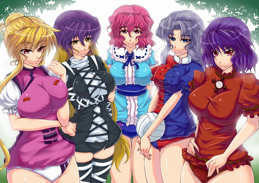 breasts curvy hijiri_byakuren impossible_clothes impossible_shirt large_breasts multiple_girls saigyouji_yuyuko shirt skindentation taut_clothes taut_shirt thighhighs touhou volleyball wakura_(gcdan) yagokoro_eirin yakumo_yukari yasaka_kanako