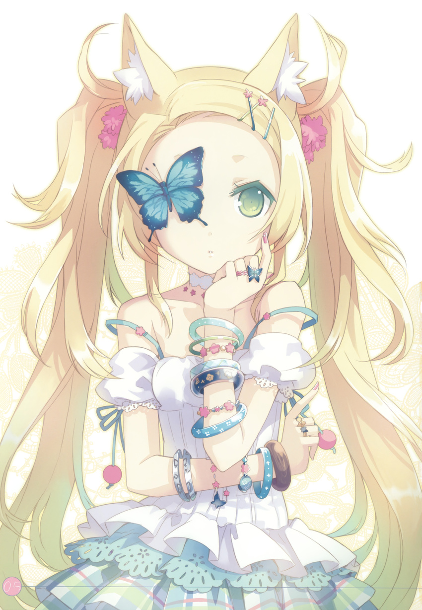 absurdres animal_ears blonde_hair blue_eyes bracelet bug butterfly dress h2so4 hair_ornament hairclip highres insect jewelry long_hair nail_polish original pink_nails ring solo twintails