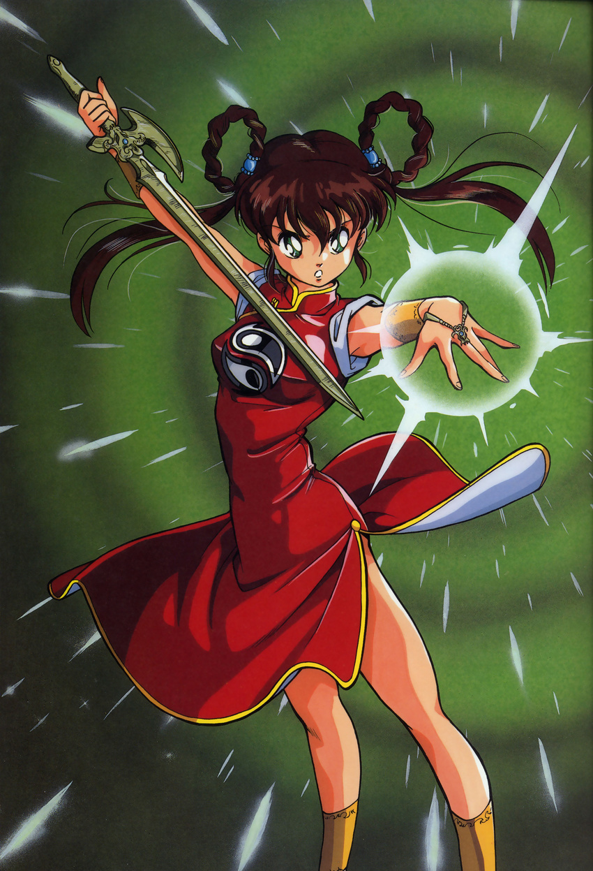 90s absurdres braid brown_hair china_dress chinese_clothes dress highres long_hair mamono_hunter_youko mano_youko miyao_gaku official_art solo sword twintails weapon