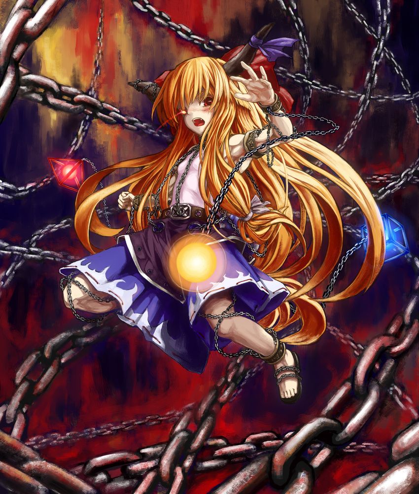 aratama bad_id bad_pixiv_id belt bow chain chained cuffs glowing glowing_eyes hair_bow hands highres horns ibuki_suika long_hair open_mouth orange_hair red_eyes solo touhou very_long_hair