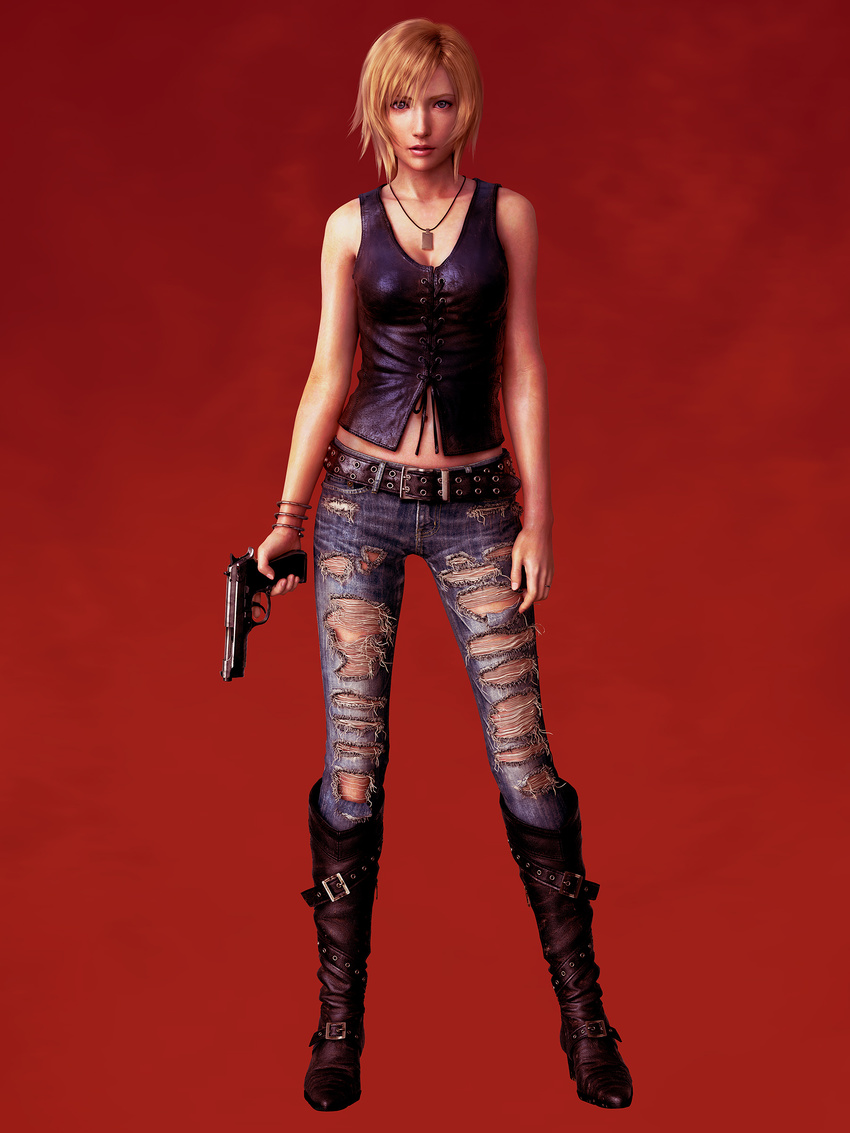 3d absurdres aya_brea bare_shoulders belt beretta_92 blonde_hair blue_eyes boots bracelet breasts cleavage denim full_body gun handgun highres jeans jewelry knee_boots lips lipstick makeup medium_breasts midriff navel necklace official_art open_mouth pants parasite_eve parasite_eve_the_3rd_birthday pistol realistic red_lipstick ring short_hair simple_background solo standing studded_belt tank_top torn_clothes torn_jeans torn_pants weapon wedding_band