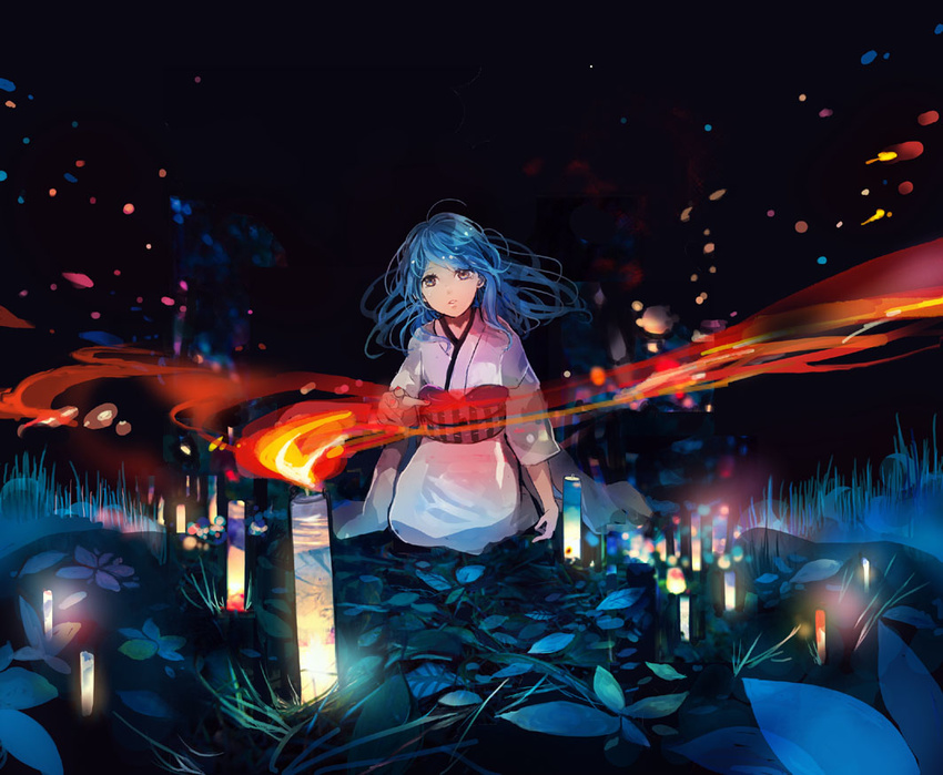 blue_hair candle fire glowing japanese_clothes kimono leaf long_hair night original sakuragi_kei sitting solo