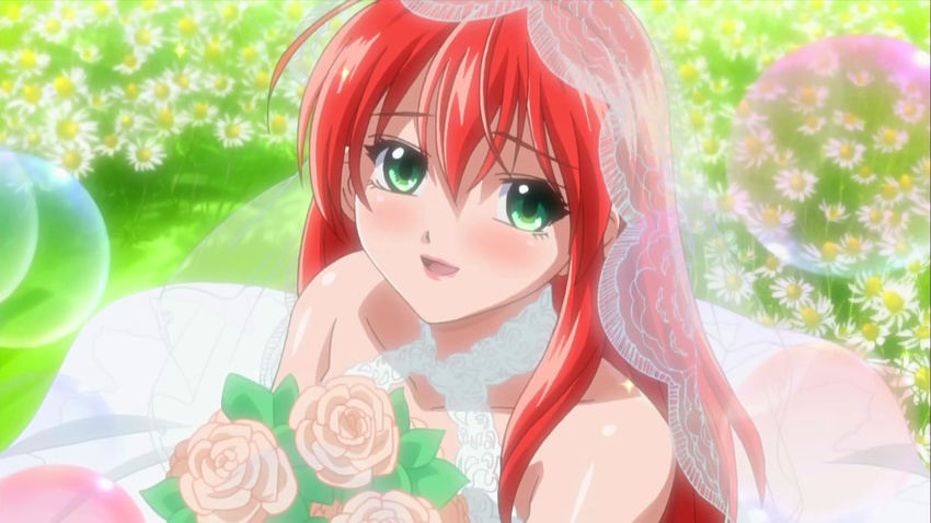 alternate_hairstyle bare_shoulders blush bouquet bridal_veil bride bubble dress flower green_eyes long_hair open_mouth red_hair rosario+vampire screencap shuzen_kokoa smile solo veil wedding_dress