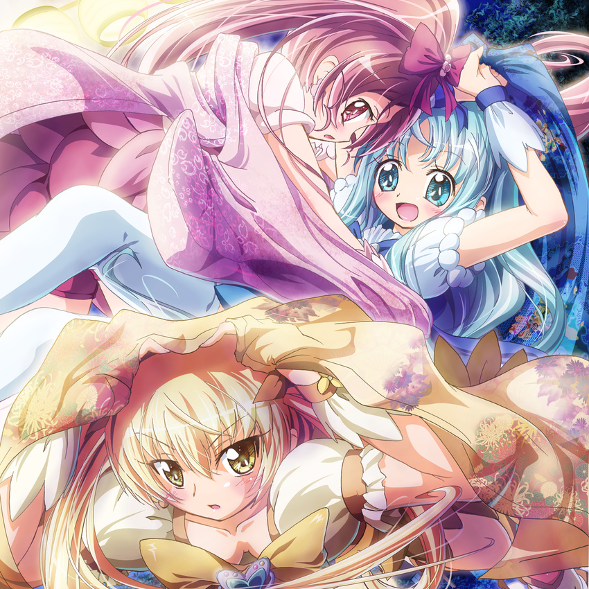 blonde_hair blue_eyes blue_hair blush bow cure_blossom cure_marine cure_sunshine hanasaki_tsubomi heart heartcatch_precure! highres inoshishi_(ikatomo) kurumi_erika magical_girl multiple_girls myoudouin_itsuki pink_bow pink_eyes pink_hair precure yellow_bow yellow_eyes