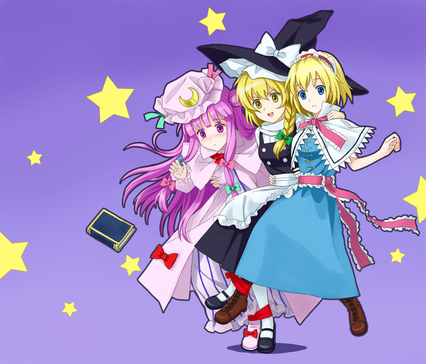 alice_margatroid blonde_hair blue_eyes blush book bow braid breast_grab breasts grabbing hairband hat kirisame_marisa medium_breasts multiple_girls patchouli_knowledge purple_eyes purple_hair sports_festival star three-legged_race touhou tucana witch_hat yellow_eyes