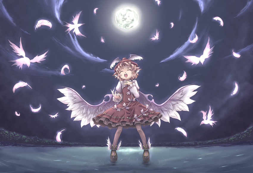 animal_ears bird closed_eyes cloud dress feathers fingernails full_moon hat long_fingernails marujin moon music mystia_lorelei night open_mouth pantyhose shoes singing solo touhou water winged_shoes wings