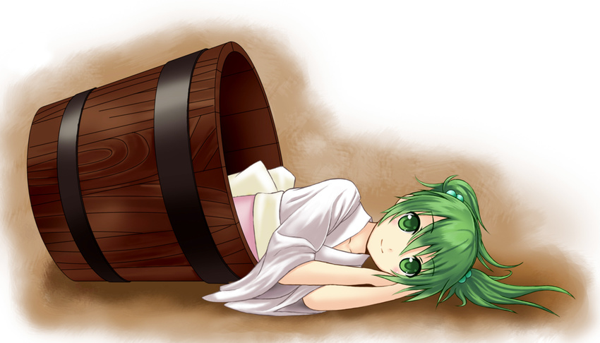 bucket green_eyes green_hair hair_bobbles hair_ornament in_bucket in_container kisume looking_at_viewer lying on_side setona_(daice) smile solo touhou twintails wooden_bucket