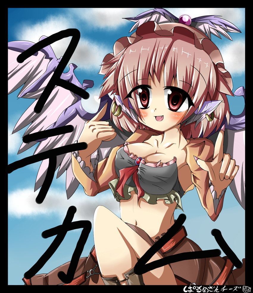 alternate_costume animal_ears bad_id bad_pixiv_id bikini_top blush breasts cleavage contemporary earrings fingernails hat highres jewelry large_breasts long_fingernails midriff mystia_lorelei pink_hair red_eyes short_hair solo stickam tana16 touhou wings