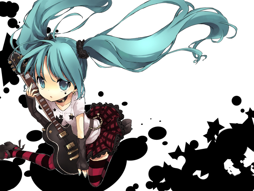 aqua_eyes aqua_hair bad_id bad_pixiv_id guitar hariko hatsune_miku instrument jewelry long_hair necklace necktie skirt solo star striped striped_legwear thighhighs twintails very_long_hair vocaloid zettai_ryouiki