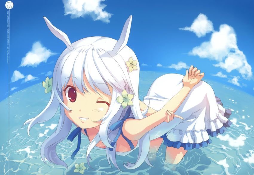 animal_ears arched_back bow cloud day dj_max dj_max_portable downblouse dress flat_chest flower h2so4 hair_flower hair_ornament highres lace long_hair ocean one_eye_closed red_eyes ribbon silver_hair sky smile solo suee water