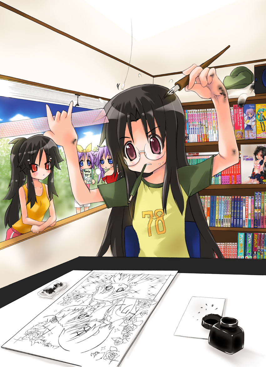 beret black_hair bottle glasses hat highres hiiragi_kagami hiiragi_tsukasa ink ink_bottle iwasaki_minami kobayakawa_yutaka left-handed long_hair lucky_star manga_(object) multiple_girls nib_pen_(object) nyanmilla pen raglan_sleeves red_eyes room ruler shelf tamura_hiyori vocaloid wakase_izumi window