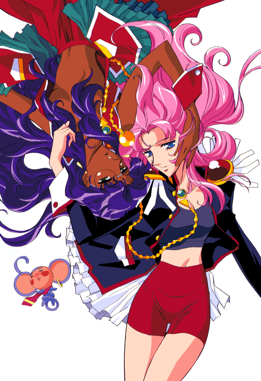 90s aiguillette artist_request blue_eyes chu_chu_(shoujo_kakumei_utena) dark_skin earrings epaulettes glasses green_eyes hair_censor highres himemiya_anthy jewelry long_hair midriff multiple_girls official_art pink_hair purple_hair shoujo_kakumei_utena simple_background tenjou_utena topless