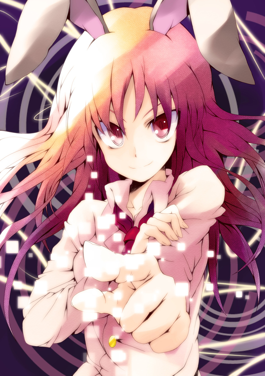 animal_ears bunny_ears colorized foreshortening hands highres pointing red_eyes reisen_udongein_inaba smile solo touhou wata yume_shokunin