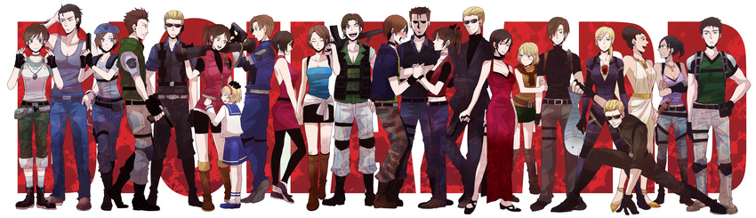 &gt;_&lt; 6+girls absurdres ada_wong albert_wesker angry arm_up ashley_graham bazooka belt bike_shorts billy_coen black_hair blonde_hair blue_eyes blue_hair blush blush_stickers boots breasts brown_eyes brown_hair carlos_oliveira child choker chris_redfield claire_redfield cleavage closed_eyes cuffs denim dress earrings everyone excella_gionne fish gloves green_eyes grin gun hair_bun hair_over_one_eye hand_on_head hand_on_hip handcuffs handgun hat headset highres holding_hands jeans jewelry jill_valentine knife large_breasts leggings leon_s_kennedy medium_breasts multiple_boys multiple_girls multiple_persona necklace one_eye_closed open_mouth pants pendant ponytail rebecca_chambers resident_evil resident_evil_2 resident_evil_3 resident_evil_4 resident_evil_5 resident_evil_code:_veronica rocket_launcher scarf shaded_face sherry_birkin sheva_alomar short_hair skirt small_breasts smile squatting steve_burnside sudachips sunglasses sweat sweatdrop tears weapon zipper