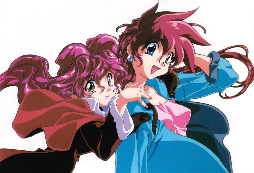 90s bakuretsu_hunters blue_eyes chocolate_misu duplicate earrings gotou_keiji highres jewelry long_hair long_sleeves multiple_girls nail_polish official_art open_mouth pink_hair pink_nails red_eyes red_hair siblings simple_background sisters tira_misu white_background