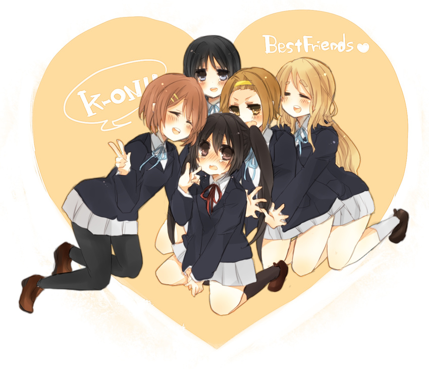 =_= akiyama_mio bad_id bad_pixiv_id blazer blush closed_eyes english fang hirasawa_yui jacket k-on! kotobuki_tsumugi loafers multiple_girls nakano_azusa neck_ribbon open_mouth pantyhose red_ribbon ribbon school_uniform shikino_yuki shoes socks tainaka_ritsu tears v