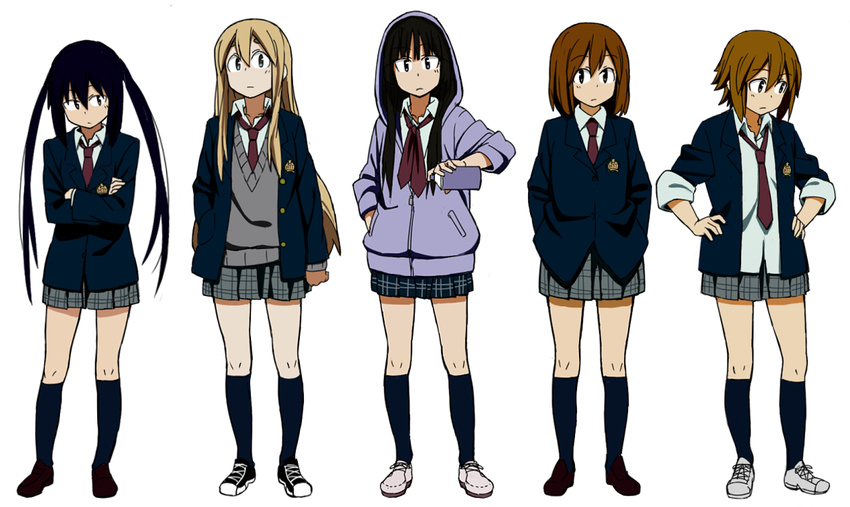 akiyama_mio black_eyes black_hair blonde_hair brown_hair crossed_arms full_body ghost_in_the_shell ghost_in_the_shell_lineup ghost_in_the_shell_stand_alone_complex hair_down hand_in_pocket hands_in_pockets hands_on_hips hirasawa_yui hood hoodie iefukurou k-on! kneehighs kotobuki_tsumugi legs lineup long_hair md5_mismatch multiple_girls nakano_azusa necktie no_thank_you! parody plaid plaid_skirt school_uniform short_hair skirt sleeves_rolled_up spray_paint tainaka_ritsu transparent_background twintails