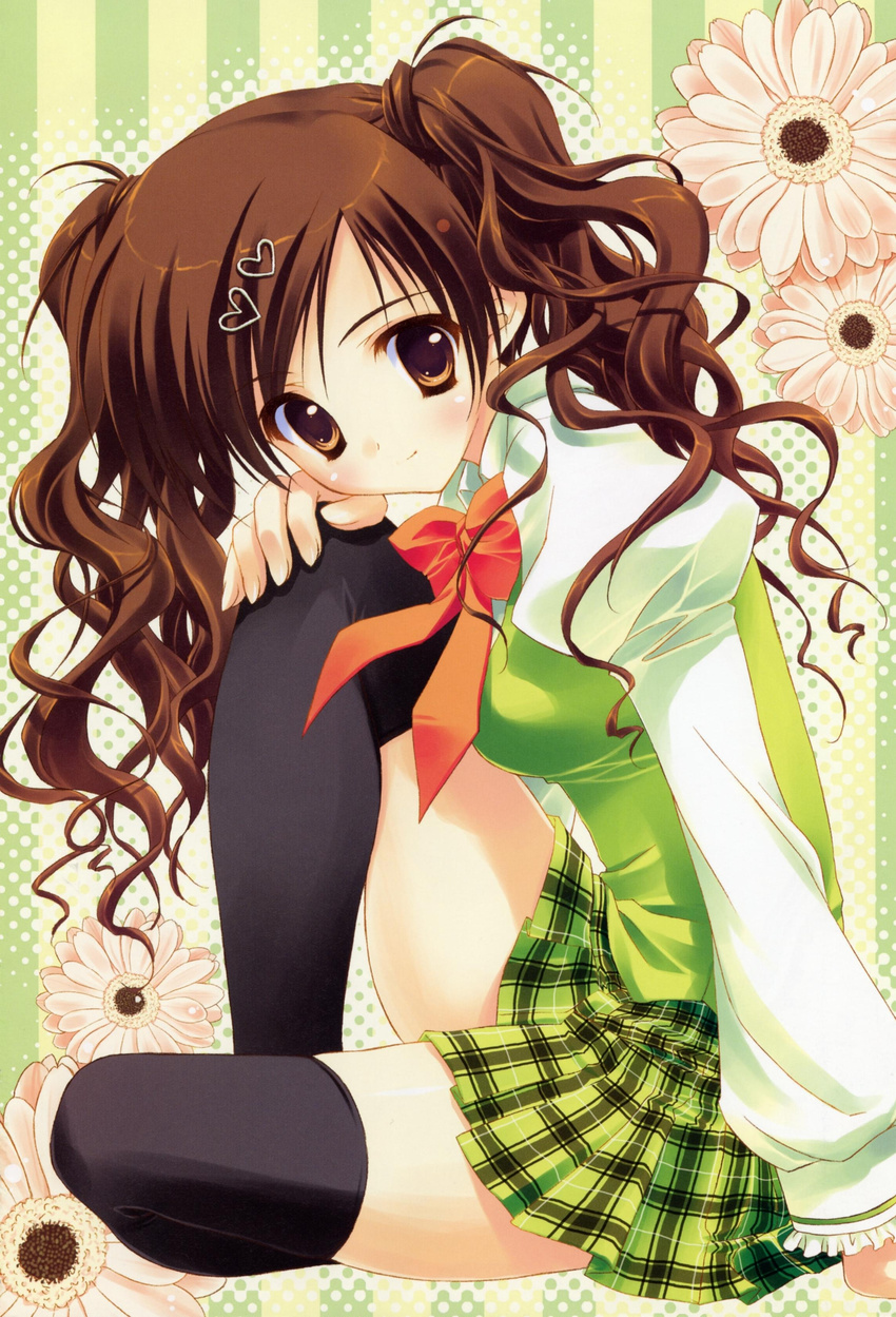 absurdres black_legwear bow bowtie brown_eyes brown_hair copyright_request curly_hair flower hair_ornament hairclip halftone halftone_background heart heart_hair_ornament highres long_hair plaid plaid_skirt pleated_skirt ryouka_(suzuya) scan school_uniform sitting skirt solo striped striped_background thighhighs twintails vertical-striped_background vertical_stripes vest zettai_ryouiki