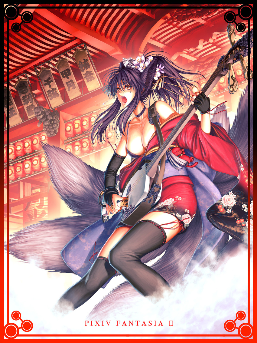 animal_ears aoi_subaru bachi bare_shoulders breasts cleavage elbow_gloves fingerless_gloves flower fox_ears fox_tail gloves hair_flower hair_ornament hairpin highres instrument japanese_clothes kimono lantern large_breasts original plectrum ponytail purple_hair shamisen short_kimono solo tail thighhighs