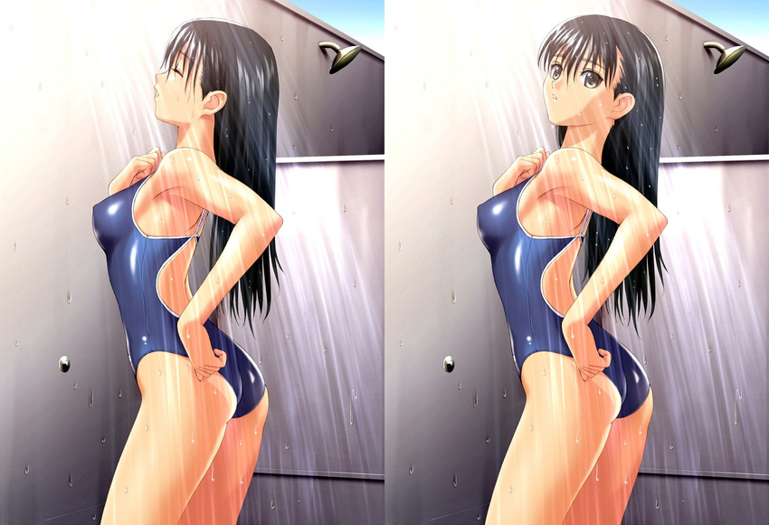 adjusting_clothes adjusting_swimsuit black_eyes black_hair breasts competition_school_swimsuit game_cg highres long_hair medium_breasts mizushima_asa one-piece_swimsuit one-piece_tan school_swimsuit shiny shiny_clothes showering sora_no_iro_mizu_no_iro swimsuit tan tanaka_takayuki tanline thighs wet