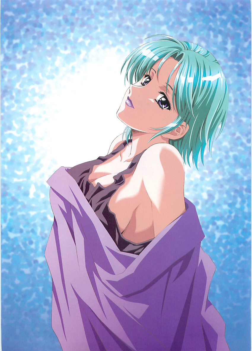 aqua_hair bare_shoulders blue_eyes breasts cleavage four_murasame gundam head_tilt highres kawarajima_kou large_breasts lipstick makeup no_bra purple_lipstick scan short_hair sideboob smile solo tank_top tunic zeta_gundam