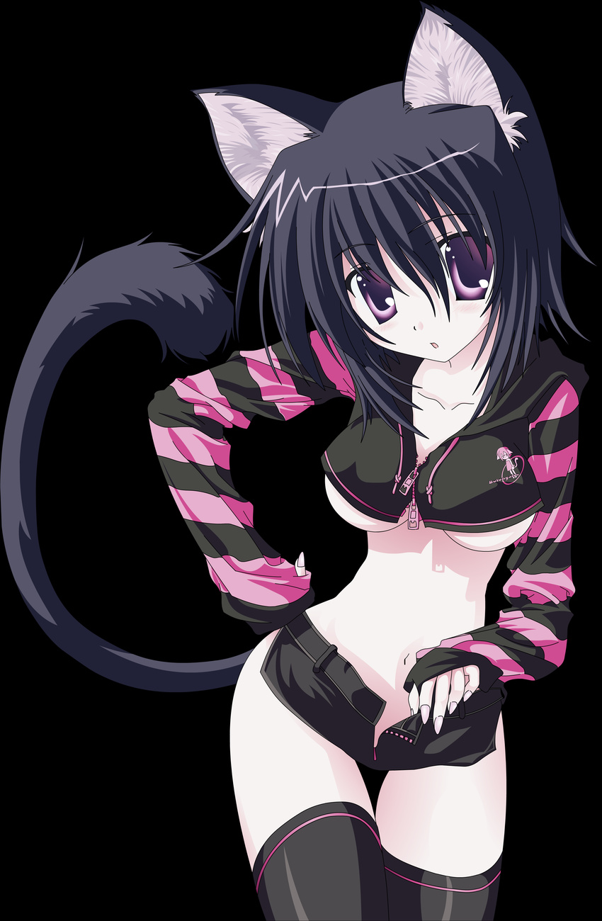 absurdres animal_ears black_hair black_x_pink breasts cat_ears cat_tail copyright_request error highres medium_breasts midriff nanao_naru open_fly purple_eyes short_hair shorts solo tail thighhighs underboob unzipped vector_trace