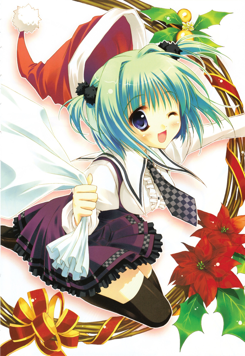 ;d absurdres black_legwear blush checkered checkered_neckwear christmas copyright_request flower green_hair hat highres looking_at_viewer necktie one_eye_closed open_mouth poinsettia pom_pom_(clothes) purple_eyes ryouka_(suzuya) santa_costume santa_hat school_uniform smile solo thighhighs two_side_up