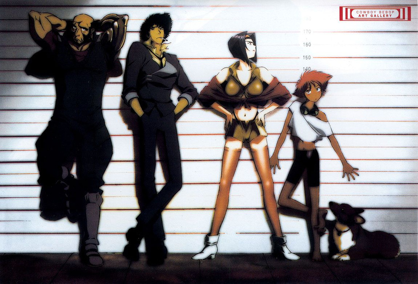 2girls 90s artist_request bare_shoulders beard bike_shorts black_hair blush_stickers breasts brown_eyes cigarette cowboy_bebop dark_skin dog edward_wong_hau_pepelu_tivrusky_iv ein_(cowboy_bebop) facial_hair faye_valentine goggles hairband jet_black large_breasts lineup midriff mugshot multiple_boys multiple_girls red_hair scan scan_artifacts short_hair smoking spike_spiegel thighhighs welsh_corgi