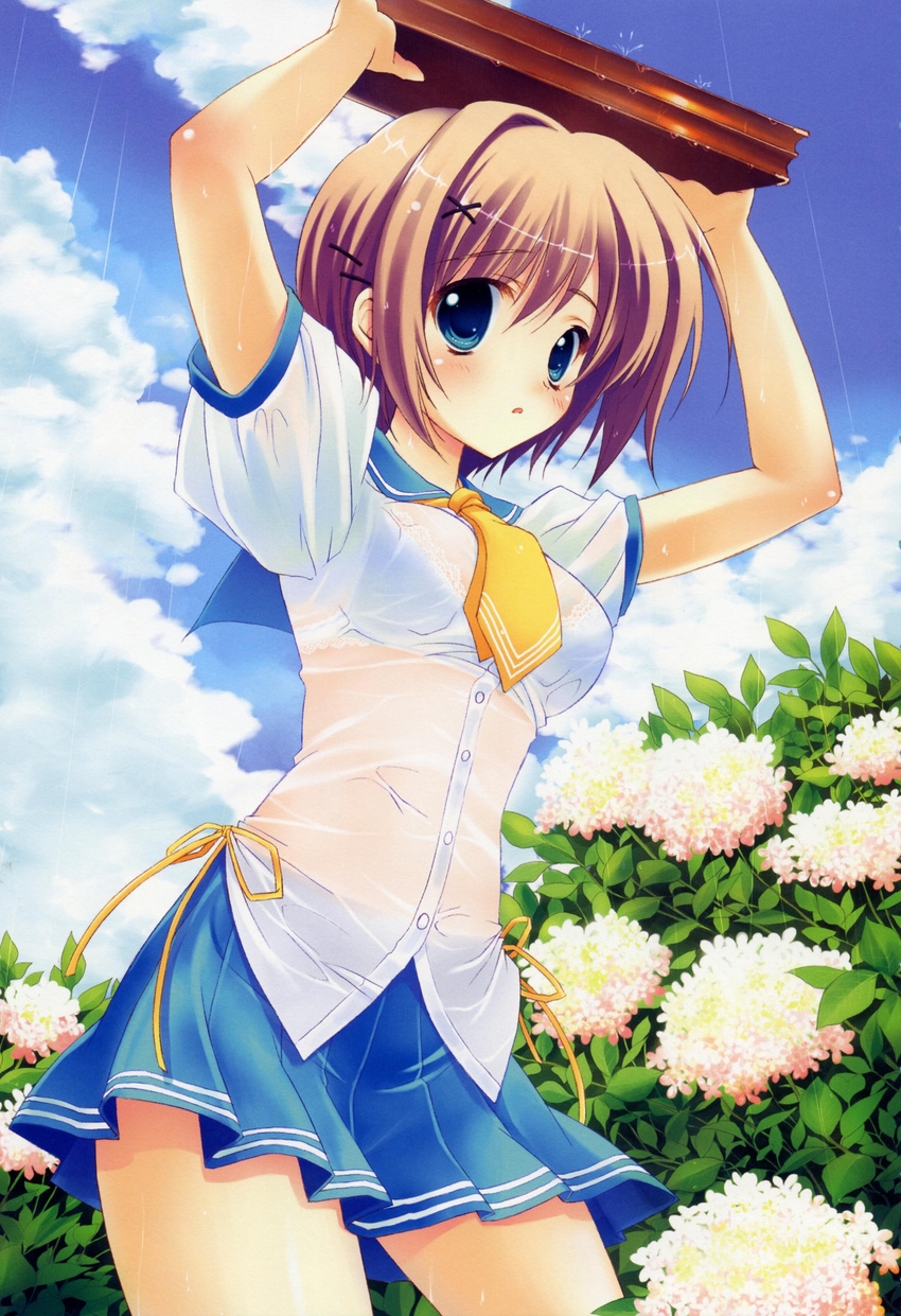 absurdres blue_eyes blush body_blush bra brown_hair cloud copyright_request day flower hair_ornament hairclip highres hydrangea lingerie looking_at_viewer necktie pleated_skirt rain ryouka_(suzuya) school_uniform see-through shirt short_hair skirt sky solo underwear wet wet_clothes wet_shirt white_bra