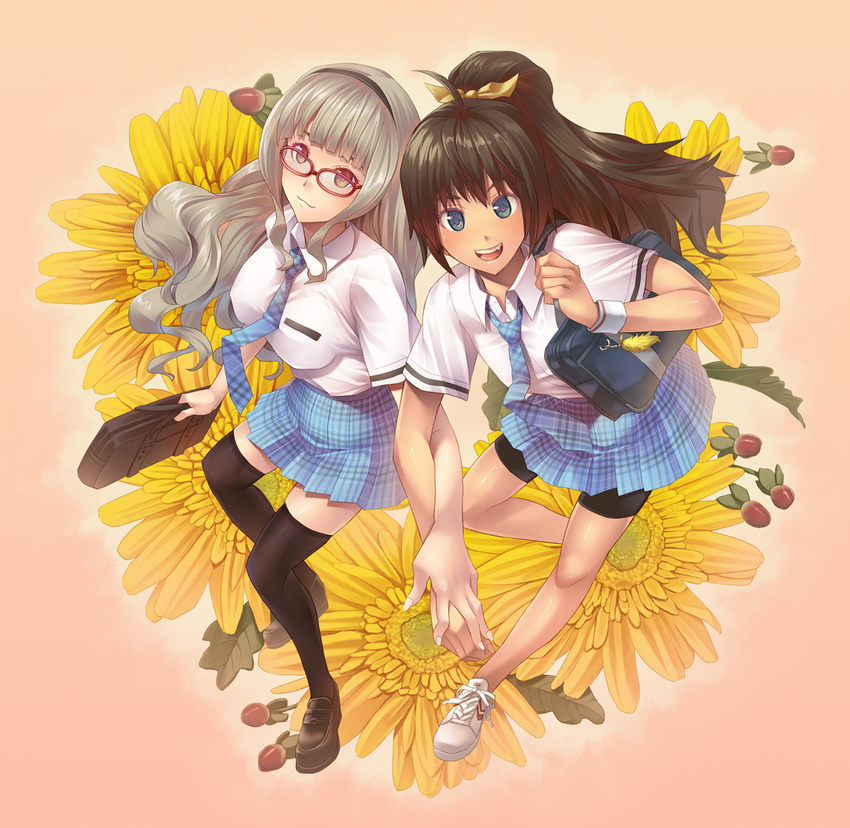 :3 bad_id bad_pixiv_id bag bike_shorts blue_eyes brown_hair face flower ganaha_hibiki glasses goe hairband happy highres holding_hands idolmaster idolmaster_(classic) idolmaster_live_for_you! legs long_hair multiple_girls no_socks ponytail rough_time_school satchel school_bag school_uniform shijou_takane silver_hair skirt smile thighhighs