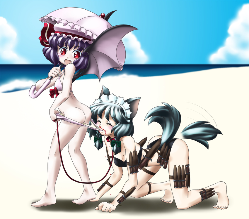 all_fours animal_ears ass barefoot bat_wings beach bikini bikini_pull black_hair blood blush breasts cleavage closed_eyes collar coppertone coppertone_girl day dog_ears dog_tail embarrassed fang flat_chest izayoi_sakuya kemonomimi_mode leash maid_headdress mouth_hold multiple_girls nosebleed open_mouth outdoors parasol parody pet_play pulled_by_another purple_hair raionsan red_eyes remilia_scarlet short_hair small_breasts surprised swimsuit tail tail_wagging touhou umbrella wings