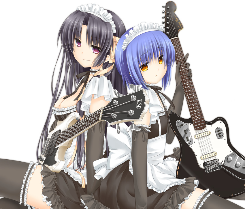 alternate_costume apron bass_guitar black_hair blue_hair breasts cleavage dress electric_guitar enmaided esp_guitars fender_jaguar gothic_lolita guitar hair_ribbon instrument kurugaya_yuiko little_busters! lolita_fashion long_hair maid maid_headdress matsuda_hikari medium_breasts multiple_girls nishizono_mio orange_eyes purple_eyes ribbon short_hair short_sleeves smile thighhighs whammy_bar