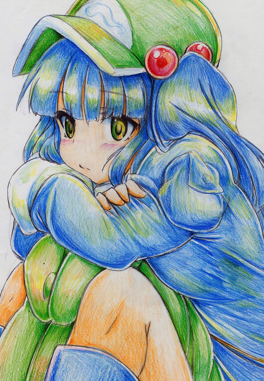 backpack bag blue_hair colored_pencil_(medium) green_eyes hair_bobbles hair_ornament hat highres kawashiro_nitori kitazinger short_hair sitting solo touhou traditional_media two_side_up