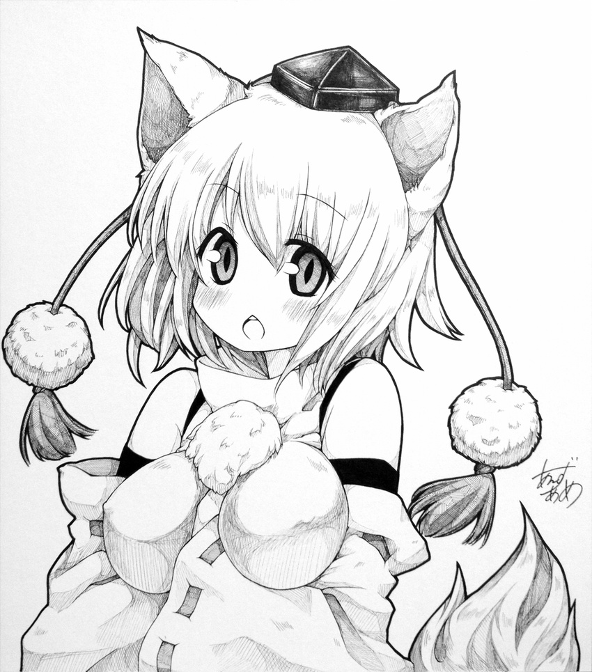 animal_ears bare_shoulders between_breasts blush breast_hold breasts clown_222 covered_nipples detached_sleeves greyscale hand_between_breasts hat highres impossible_clothes impossible_shirt inubashiri_momiji large_breasts looking_at_viewer millipen_(medium) monochrome open_mouth shikishi shirt short_hair signature solo tail tokin_hat touhou traditional_media upper_body wolf_ears wolf_tail