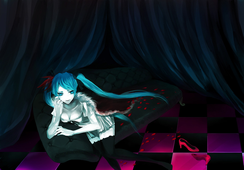 bad_id bad_pixiv_id blue_eyes blue_hair breasts cleavage hatsune_miku long_hair medium_breasts petals shino_moku solo thighhighs twintails vocaloid world_is_mine_(vocaloid) zettai_ryouiki