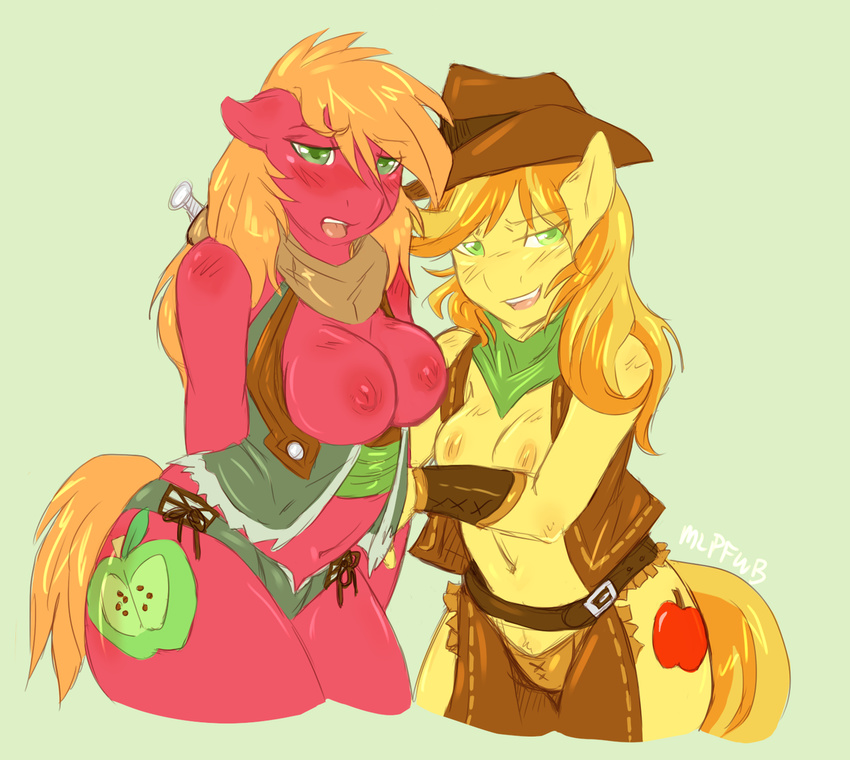 anthro anthrofied aries84 big_macintosh_(mlp) blonde_hair blush braeburn_(mlp) breasts clothing crossgender cutie_mark equine female friendship_is_magic green_eyes hair hat horse long_hair looking_at_viewer mammal mlpfwb my_little_pony nipples open_mouth pony smile yoke