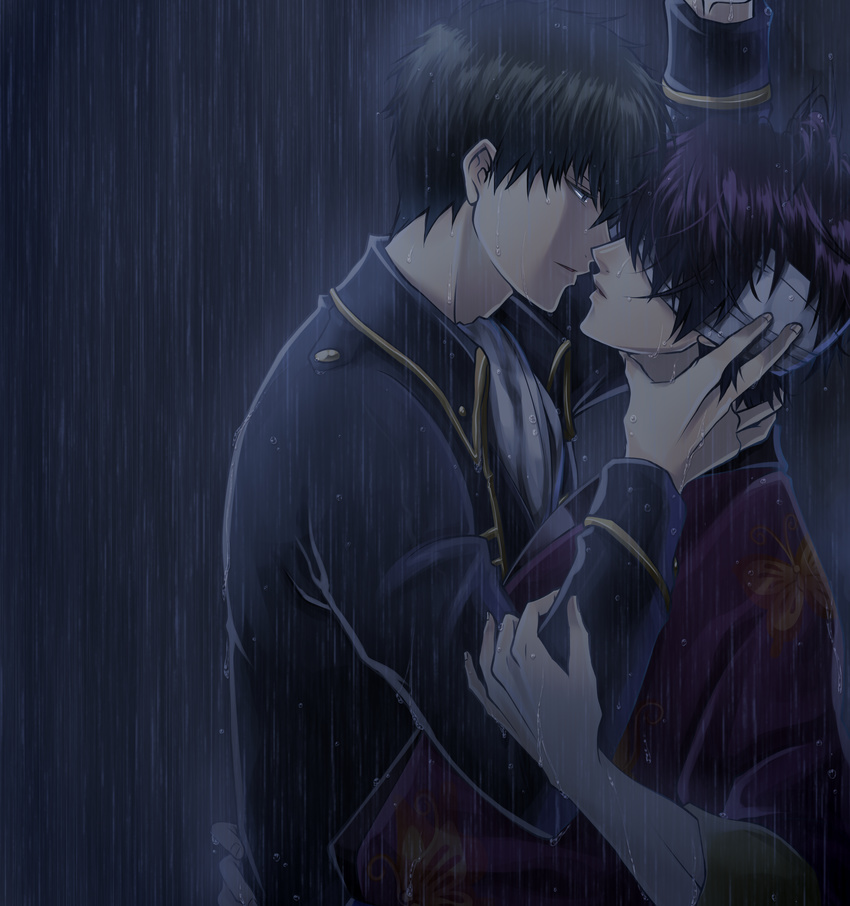 absurdres bad_id bad_pixiv_id bandage_over_one_eye black_eyes black_hair gintama highres hijikata_toushirou imminent_kiss japanese_clothes kimono koizumi_m male_focus multiple_boys purple_hair rain takasugi_shinsuke yaoi