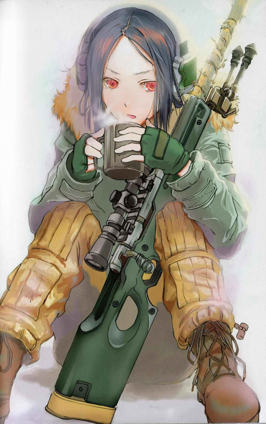 ai_arctic_warfare black_hair bolt_action boots copyright_request cup fingerless_gloves fuyuno_haruaki gloves gun headset highres jacket mug orange_eyes pants red_eyes rifle sitting sniper sniper_rifle solo source_request weapon