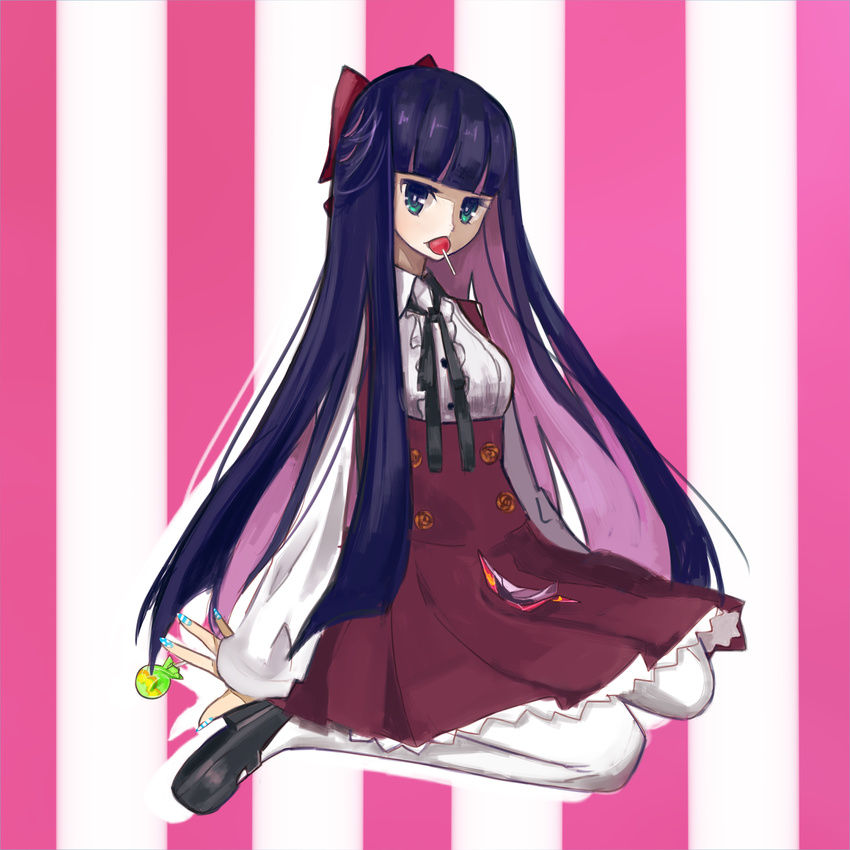 1girl alternate_costume blue_hair candy green_eyes highres legwear lollipop mary_janes multicolored_hair panty_&amp;_stocking_with_garterbelt pink_hair prpr shoes solo stocking_(psg) stockings two-tone_hair