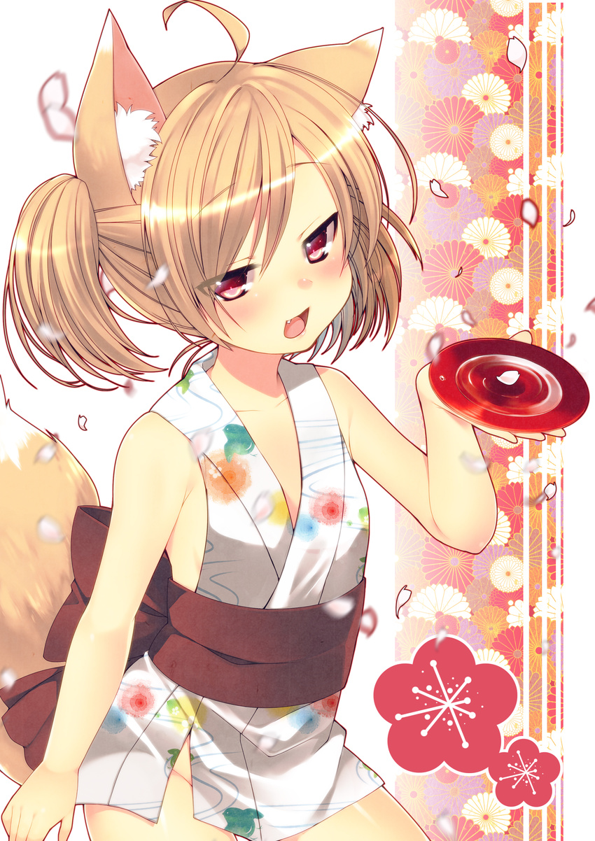 :d absurdres ahoge animal_ears bad_id bad_pixiv_id bare_shoulders blonde_hair blush bottomless chrysanthemum cup dancho_(dancyo) fang flower fox_ears fox_tail highres holding japanese_clothes long_hair looking_at_viewer no_panties obi open_mouth original petals red_eyes revision sakazuki sash smile solo tail twintails