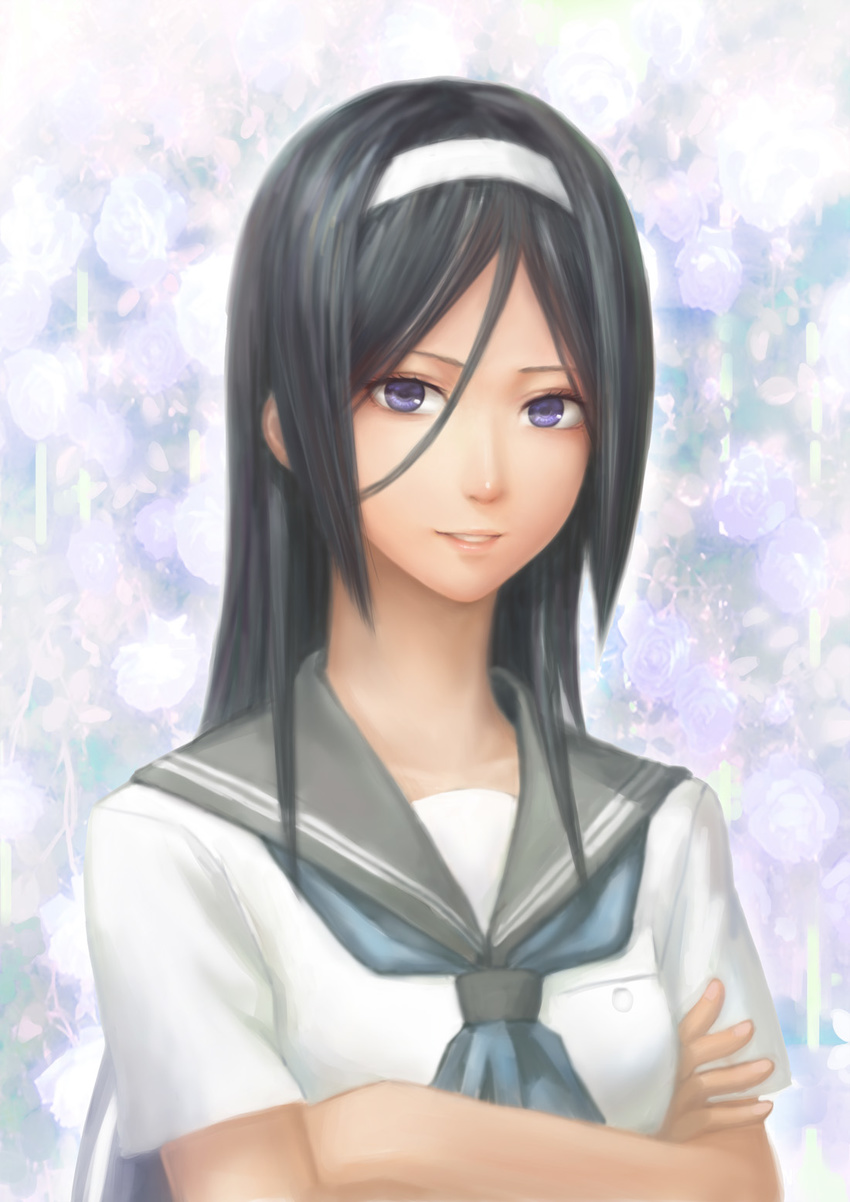 black_hair blue_eyes crossed_arms hairband highres hyouka irisu_fuyumi long_hair school_uniform serafuku zhenlin