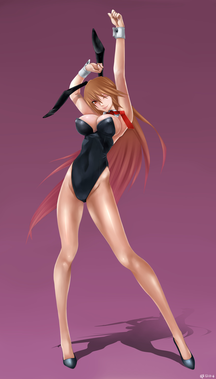 absurdres animal_ears arms_up breasts brown_hair bunny_ears bunnysuit cleavage detached_collar highres large_breasts legs long_hair necktie one_eye_closed original pantyhose red_eyes solo tanke_laide wrist_cuffs