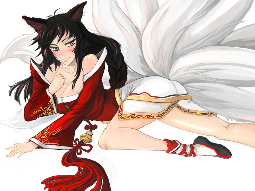 ahri animal_ears bare_shoulders black_hair blush braid breasts cleavage collarbone detached_sleeves fox_ears fox_tail large_breasts league_of_legends long_hair lying multiple_tails shoes solo tail uyo white_background yellow_eyes