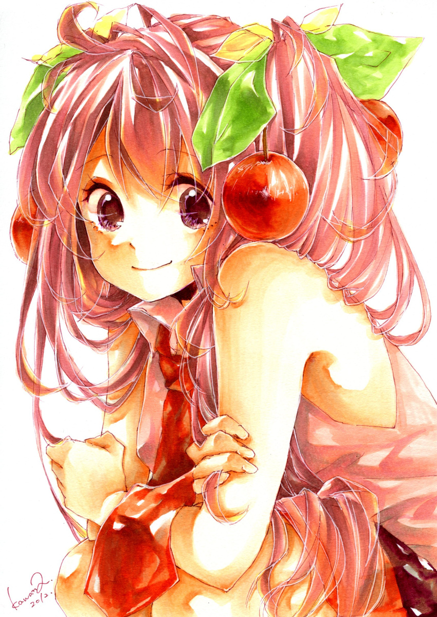 2012 absurdres cherry dated food fruit hatsune_miku highres kawana_(spicaboy) long_hair necktie pink_eyes pink_hair sakura_miku smile solo vocaloid