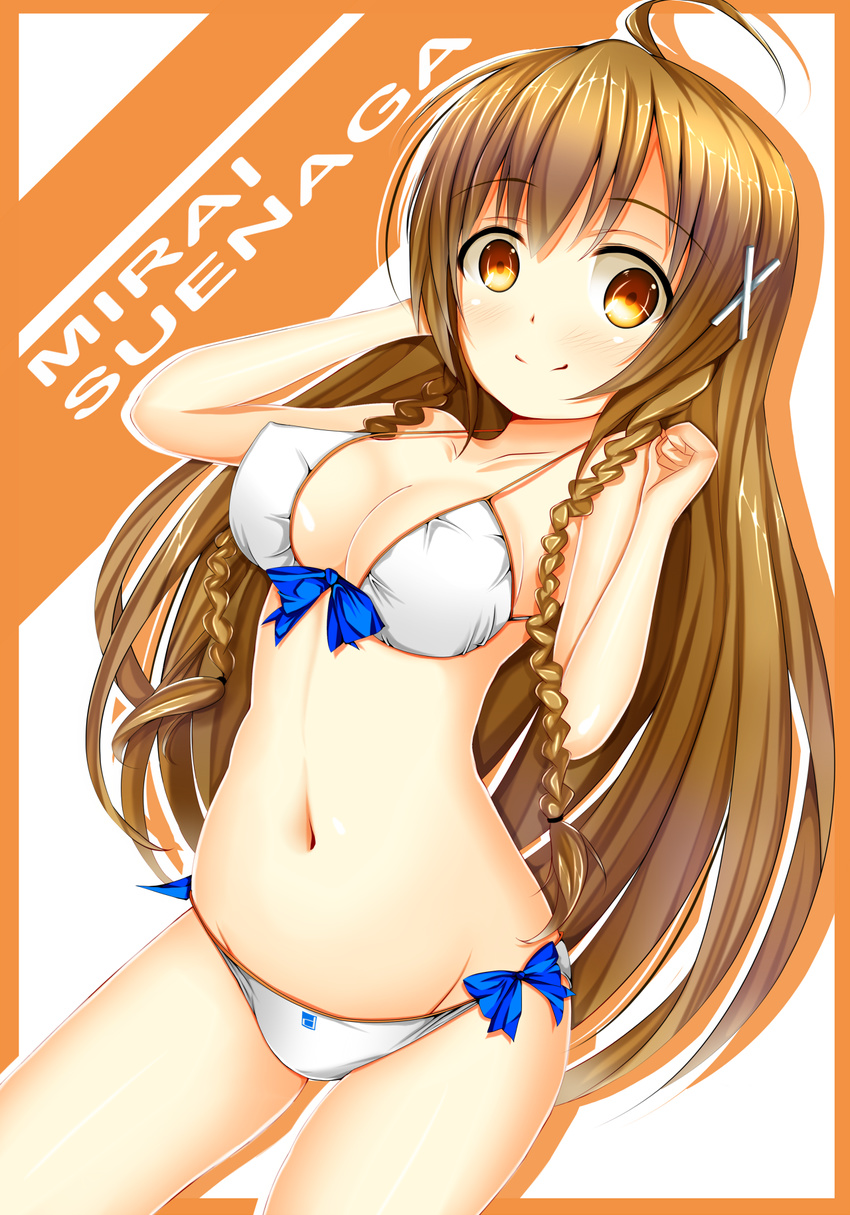 ahoge bad_id bad_pixiv_id bikini braid breasts brown_eyes brown_hair character_name chiiutsu_(cheewts) culture_japan hair_ornament highres long_hair medium_breasts navel smile solo suenaga_mirai swimsuit