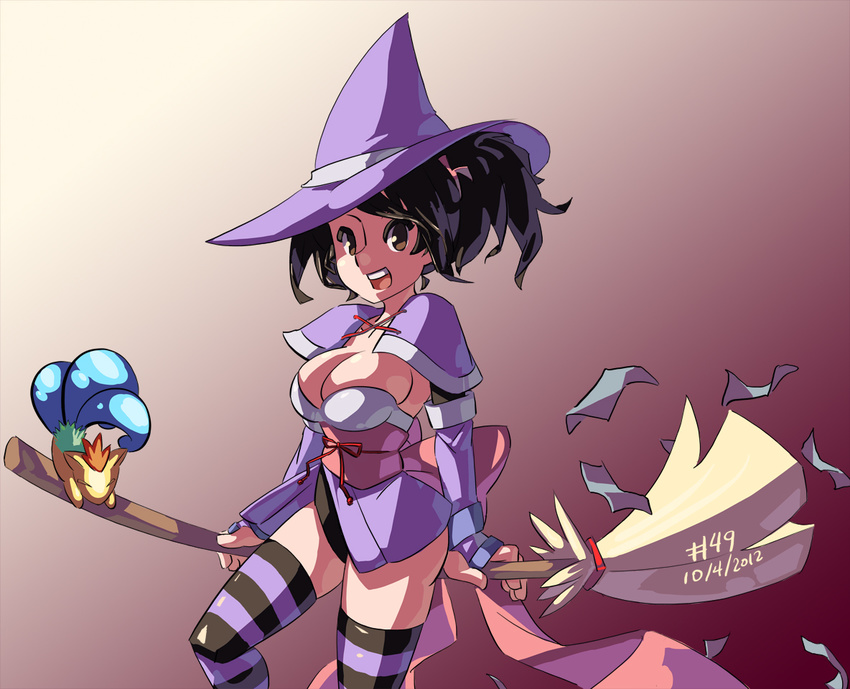 1girl adapted_costume alternate_costume black_hair bow breasts broom brown_eyes cleavage corrine dated drawfag fox halloween hat junkpuyo large_breasts long_hair ofuda open_mouth ponytail ribbon sheena_fujibayashi smile solo striped striped_legwear striped_thighhighs tales_of_(series) tales_of_symphonia thighhighs witch witch_hat zettai_ryouiki