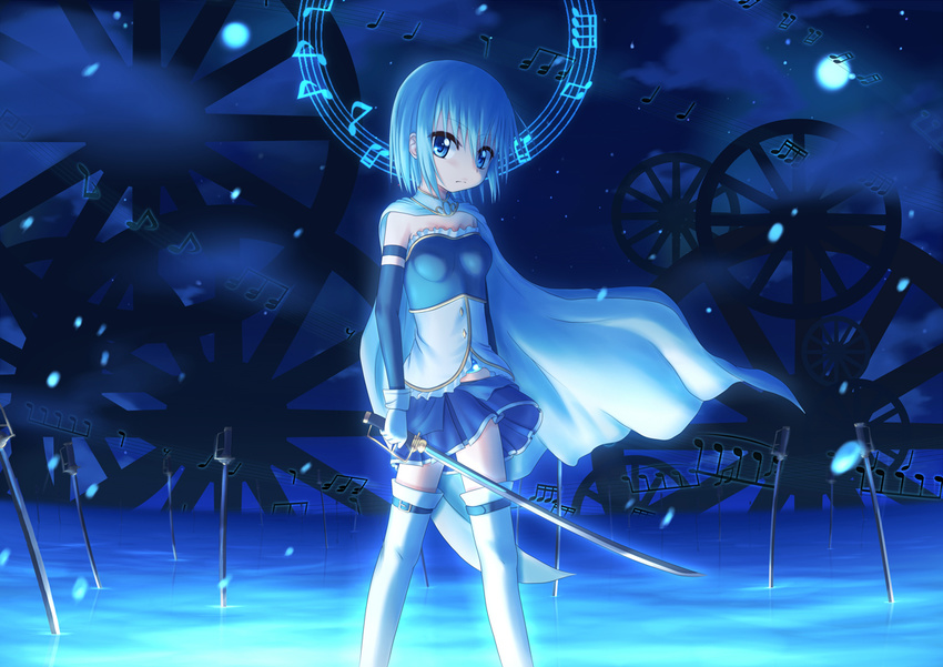 archer blue blue_eyes blue_hair cape fate/stay_night fate_(series) magical_girl mahou_shoujo_madoka_magica miki_sayaka musical_note parody short_hair solo sword takuya_kame thighhighs unlimited_blade_works weapon wheel