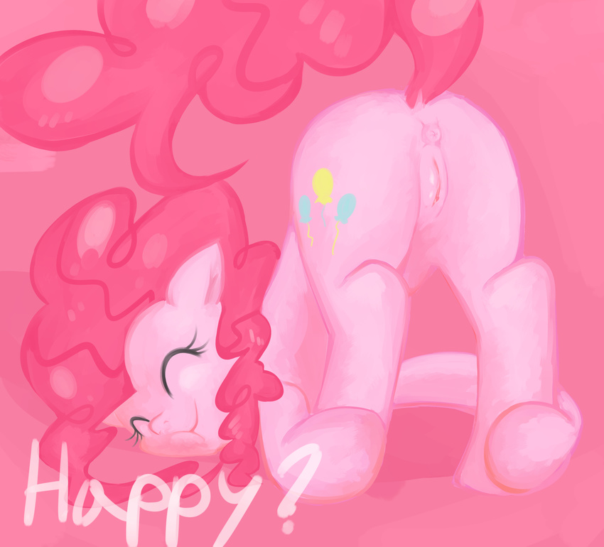 anus ass_up bent_over cutie_mark english_text equine eyes_closed female feral friendship_is_magic hair hi_res horse mammal my_little_pony pink_hair pink_theme pinkie_pie_(mlp) plain_background pony ponylicking pussy smile solo text
